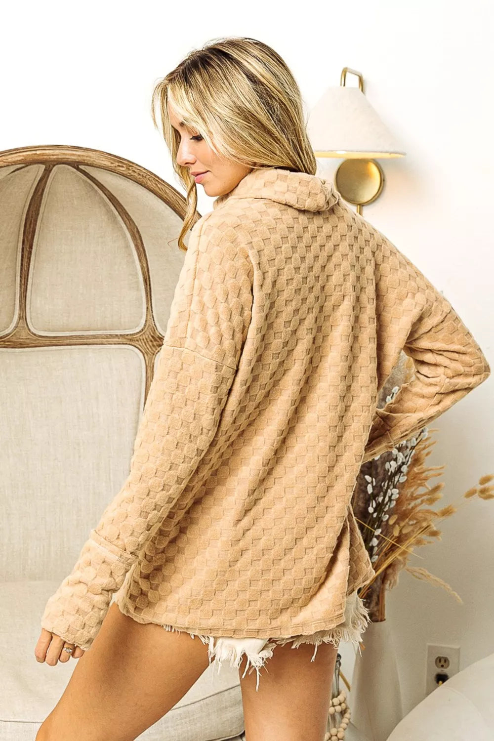 BiBi Checkered Round Neck Thumbhole Long Sleeve Top - Fashorio