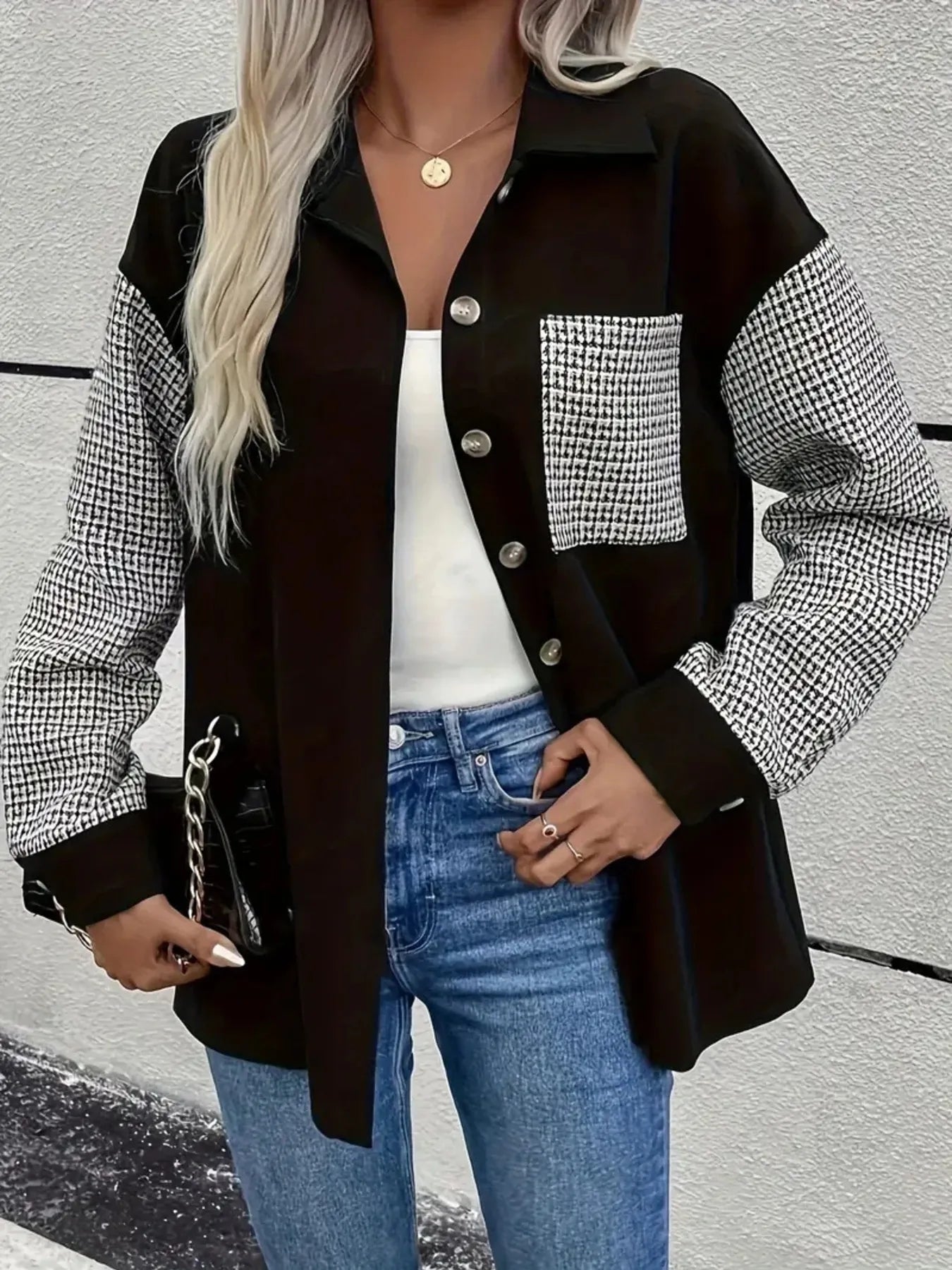 Houndstooth Contrast Button-Up Oversized Jacket - Fashorio