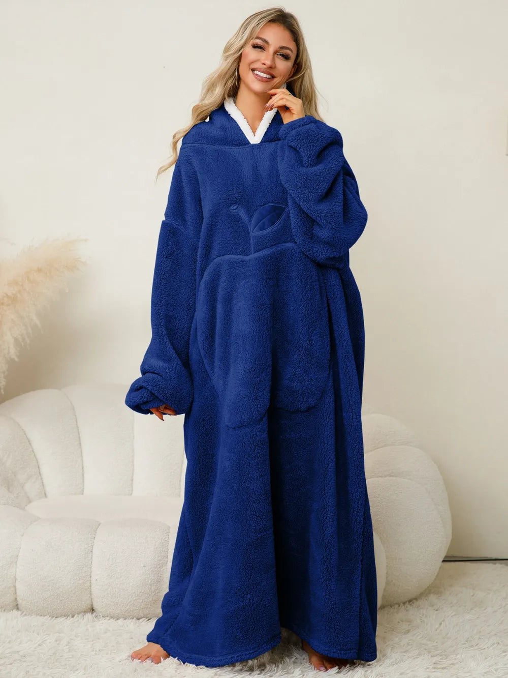 Pocketed Contrast Long Sleeve Hooded Lounge Dress - Fashorio
