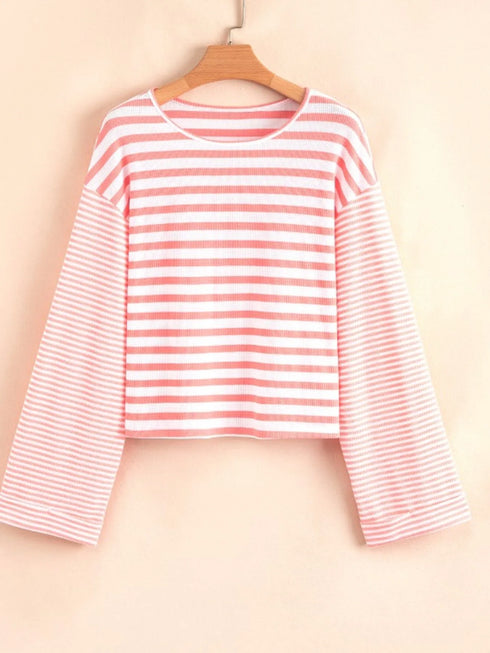 Striped Long Sleeve Ribbed Blouse - Fashorio
