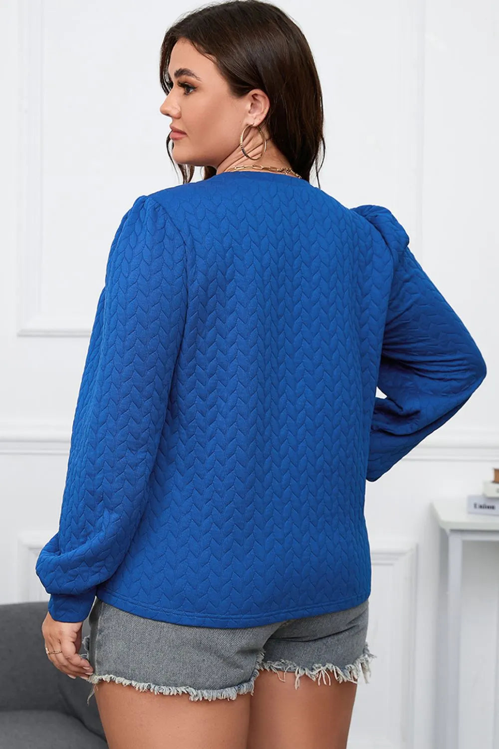 Plus Size Textured Round Neck Long Sleeve Top - Fashorio