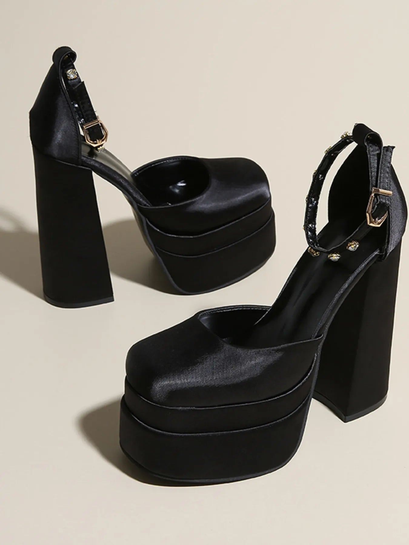 Platform High Heel Ankle Strap Pumps Black - Fashorio