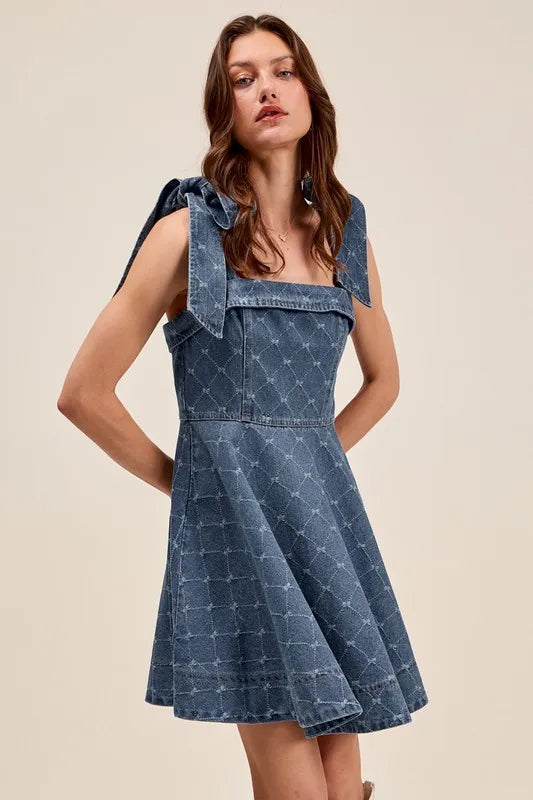 SO ME A Line Fit and Flare Diamond Bow Ribbon Denim Dres - Fashorio