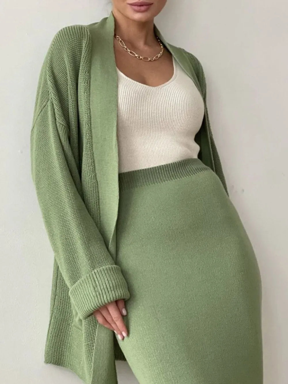 Pocketed Long Sleeve Cardigan and Skirt Sweater Set - Fashorio