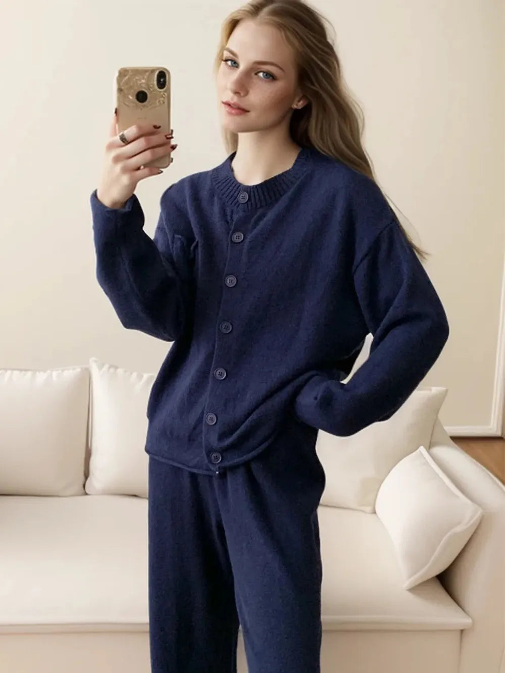 Pocketed Round Neck Button Up Cardigan and Pants Sweater Set Dark Blue One Size - Fashorio