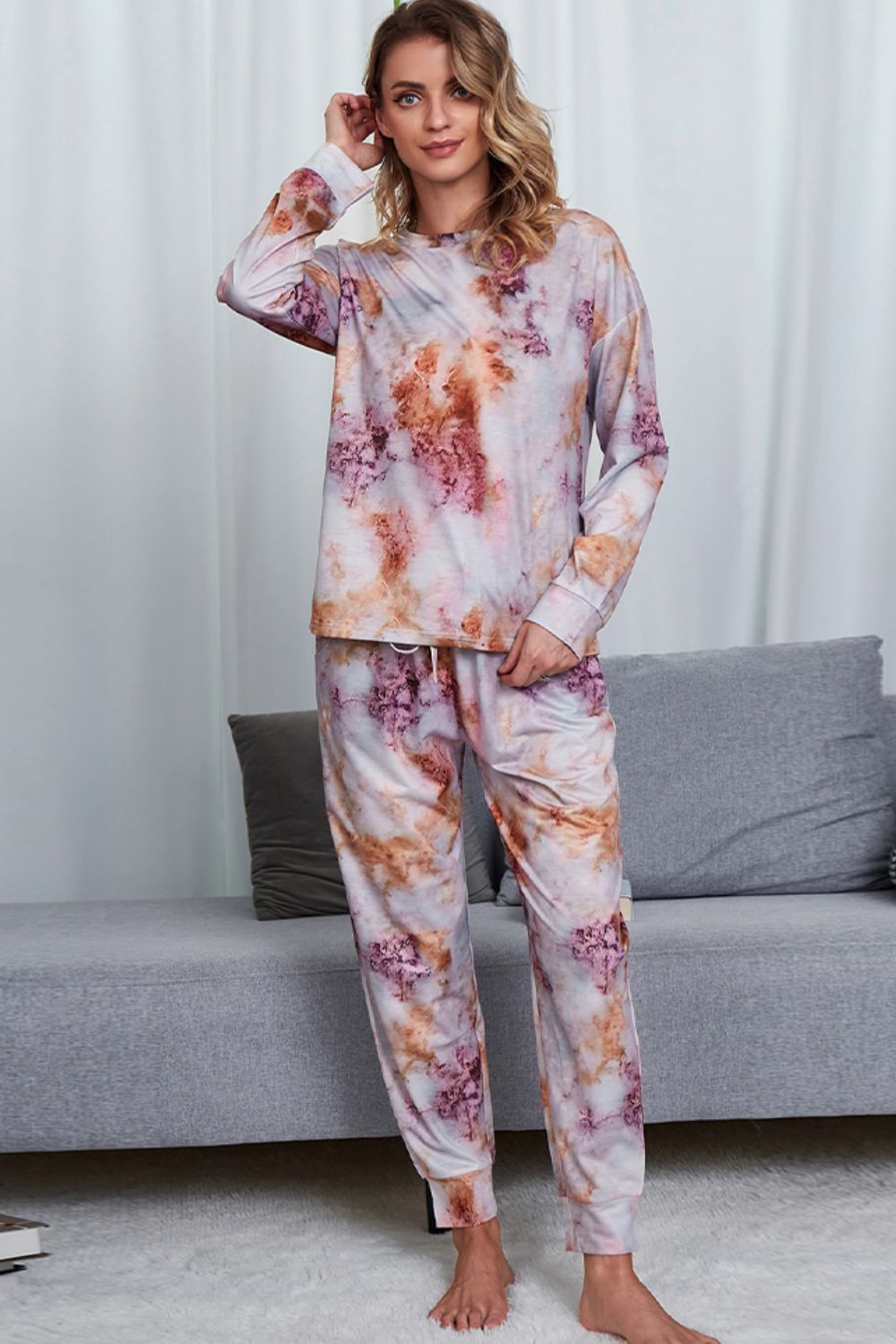 Shiny Tie-Dye Crewneck Top and Drawstring Waist Joggers Lounge Set Lavender - Fashorio