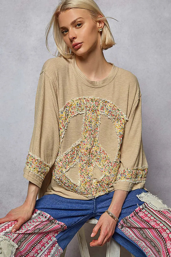 POL Floral Peace Patch Drop Shoulder T-Shirt Tan - Fashorio
