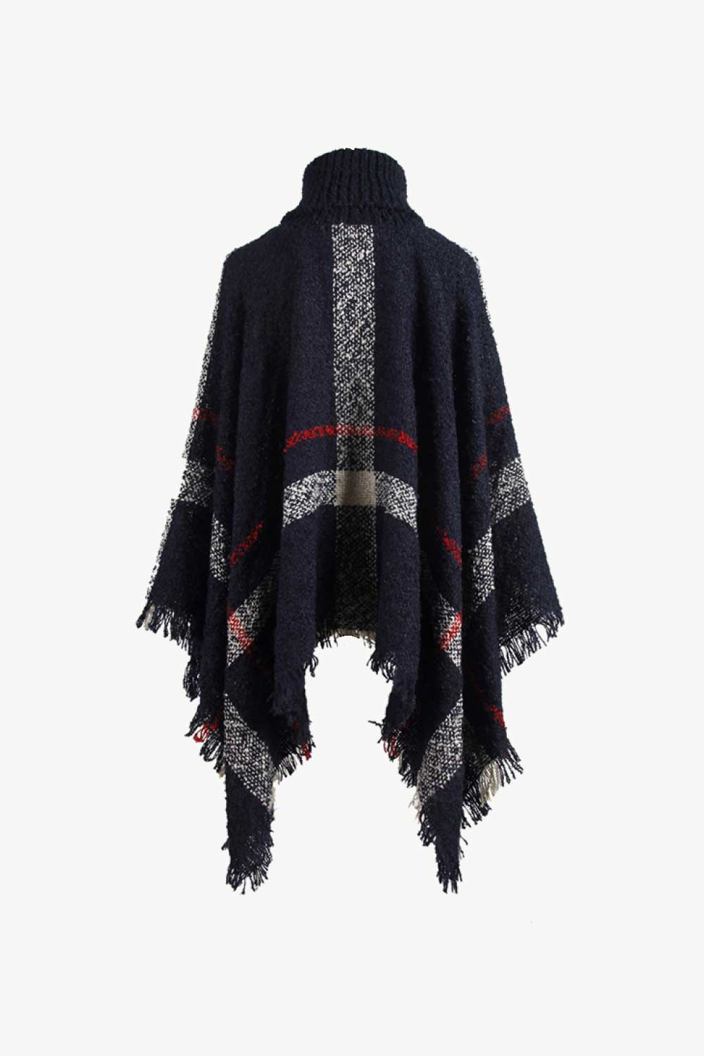 Plaid Turtleneck Raw Hem Poncho - Fashorio