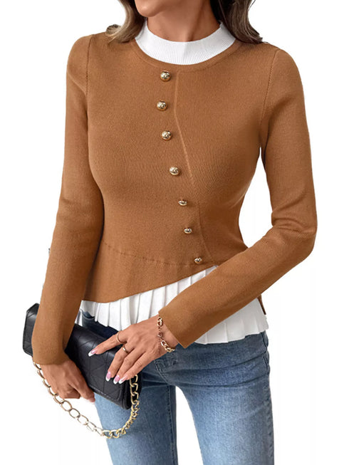 Decor Button Contrast Hem Knit Top - Fashorio