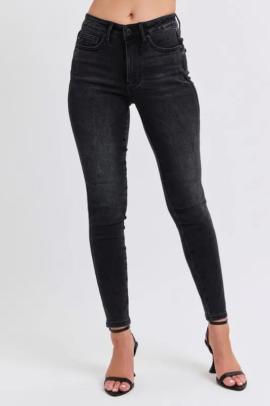 Judy Blue Plus Size Mid Rise Tummy Control Skinny Jeans – Flattering Fit Black - Fashorio