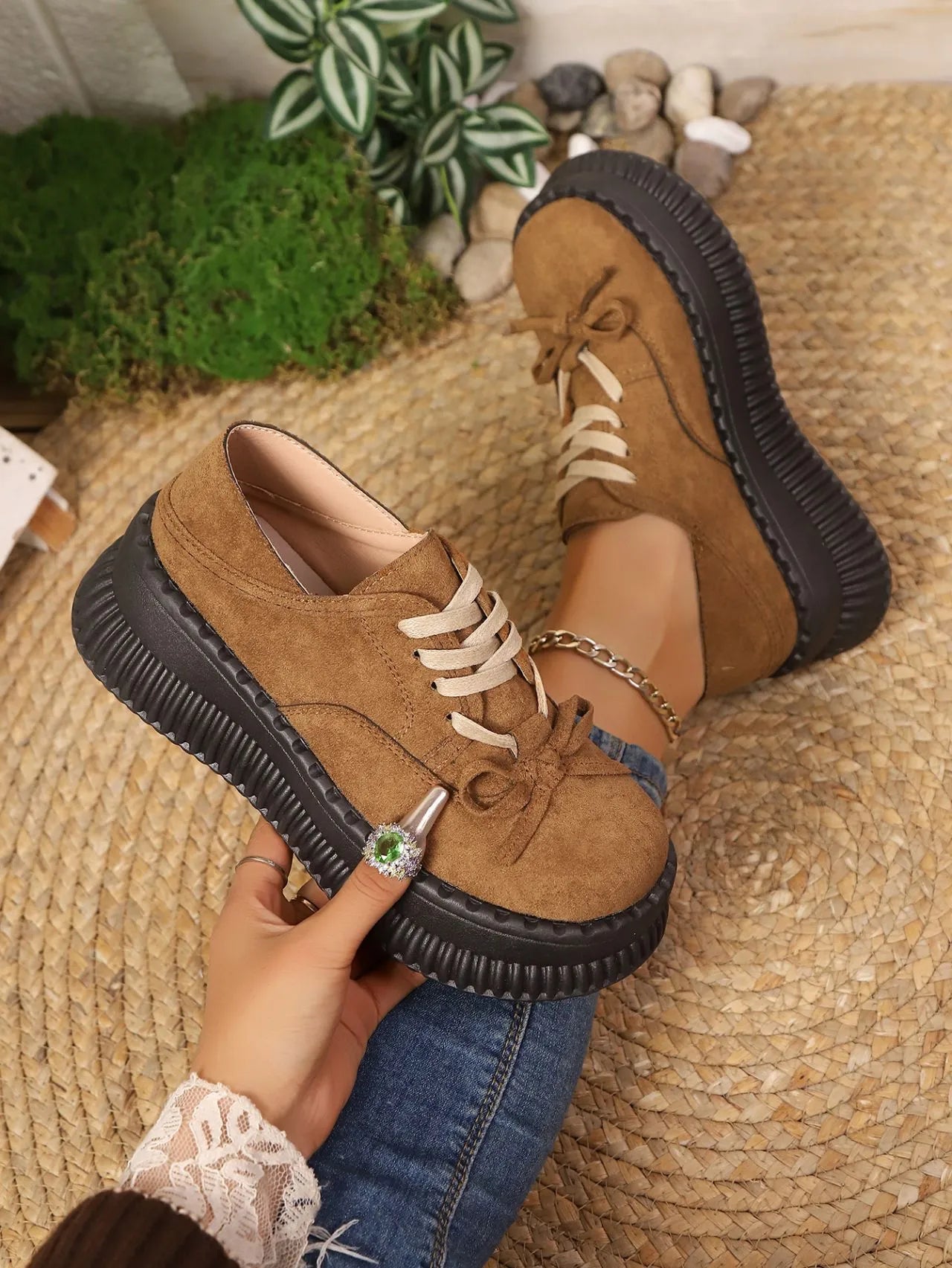 Lace Up Platform Loafers Tan - Fashorio