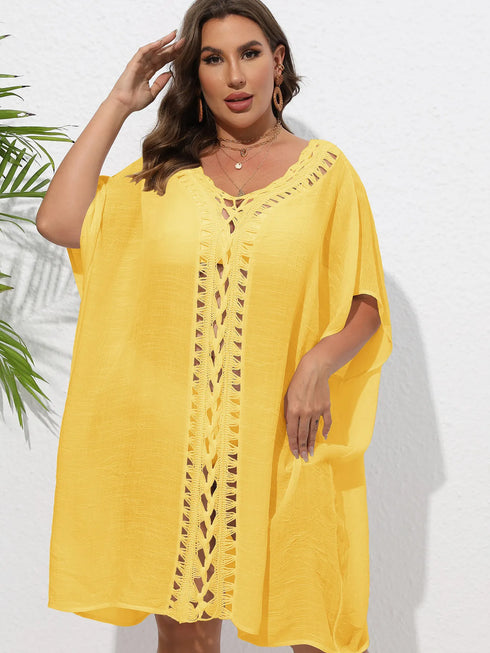 Crochet Trim V-Neck Beach Cover Up Dress Yellow One Size - Fashorio