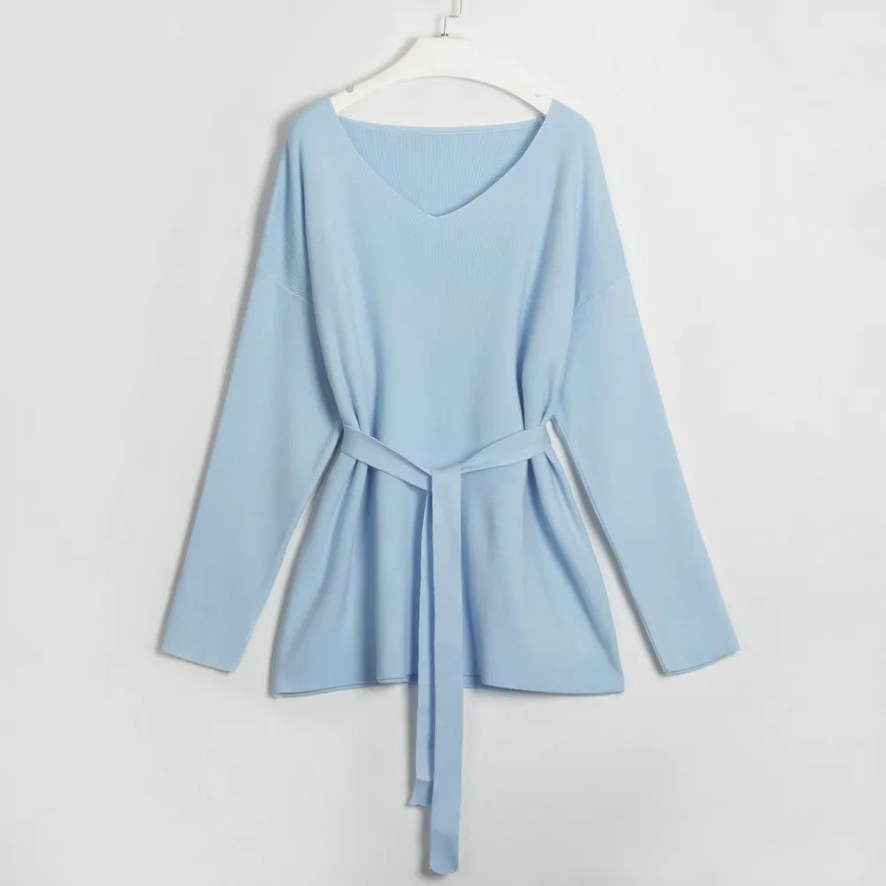 V-Neck Long Sleeve Top and Drawstring Pants Sweater Set - Fashorio