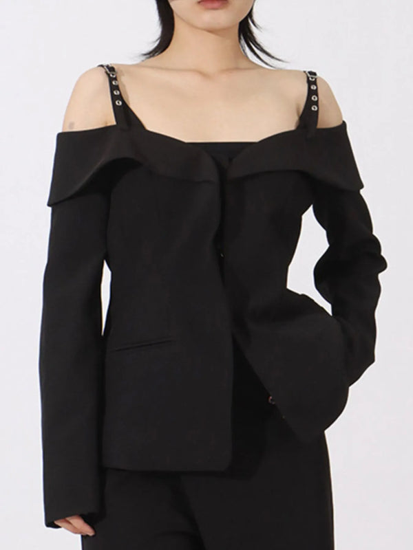 Ruffled Cold Shoulder Long Sleeve Outerwear Black - Fashorio