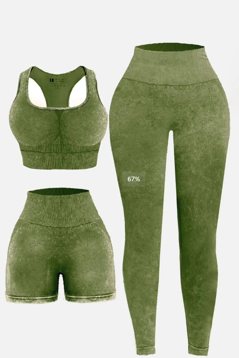 3 Piece Washed Square Neck Wide Strap Active Set Moss - Fashorio