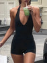 Deep V-Neck Halter and Shorts Active Set - Fashorio