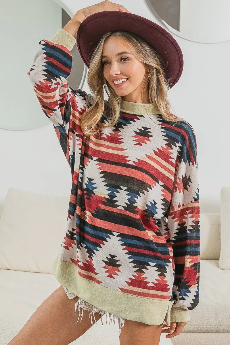 BiBi Aztec Print Mirr Mock Neck Lslv Top - Fashorio