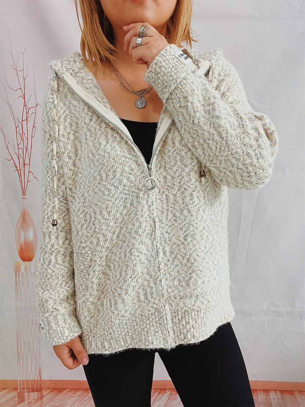 Zip Up Drawstring Long Sleeve Hooded Sweater Dust Storm - Fashorio