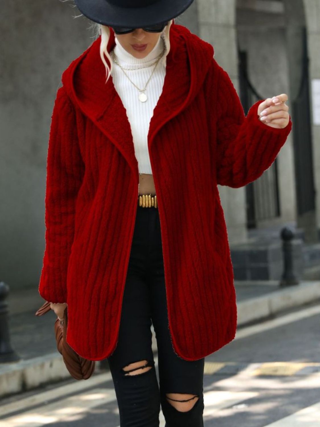 Open Front Ribbed Hooded Coat Wine - Fashorio