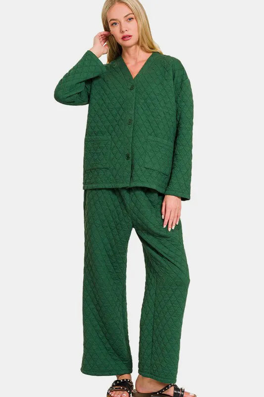 Zenana Quilted Button Up Long Sleeve Top and Pants Lounge Set - Fashorio