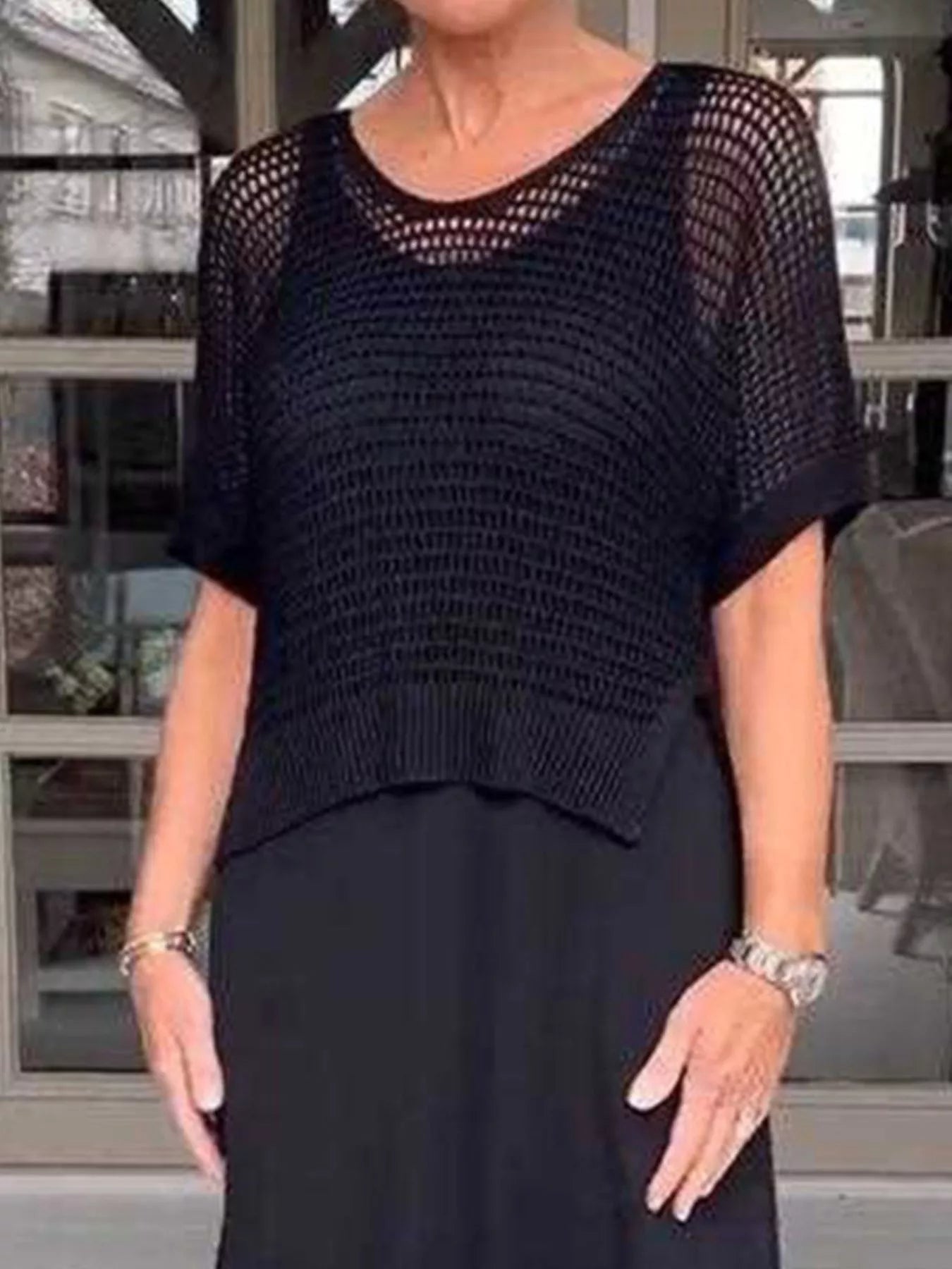 Full Size Openwork Knit Cover Up and Dress Set Plus Size - Fashorio