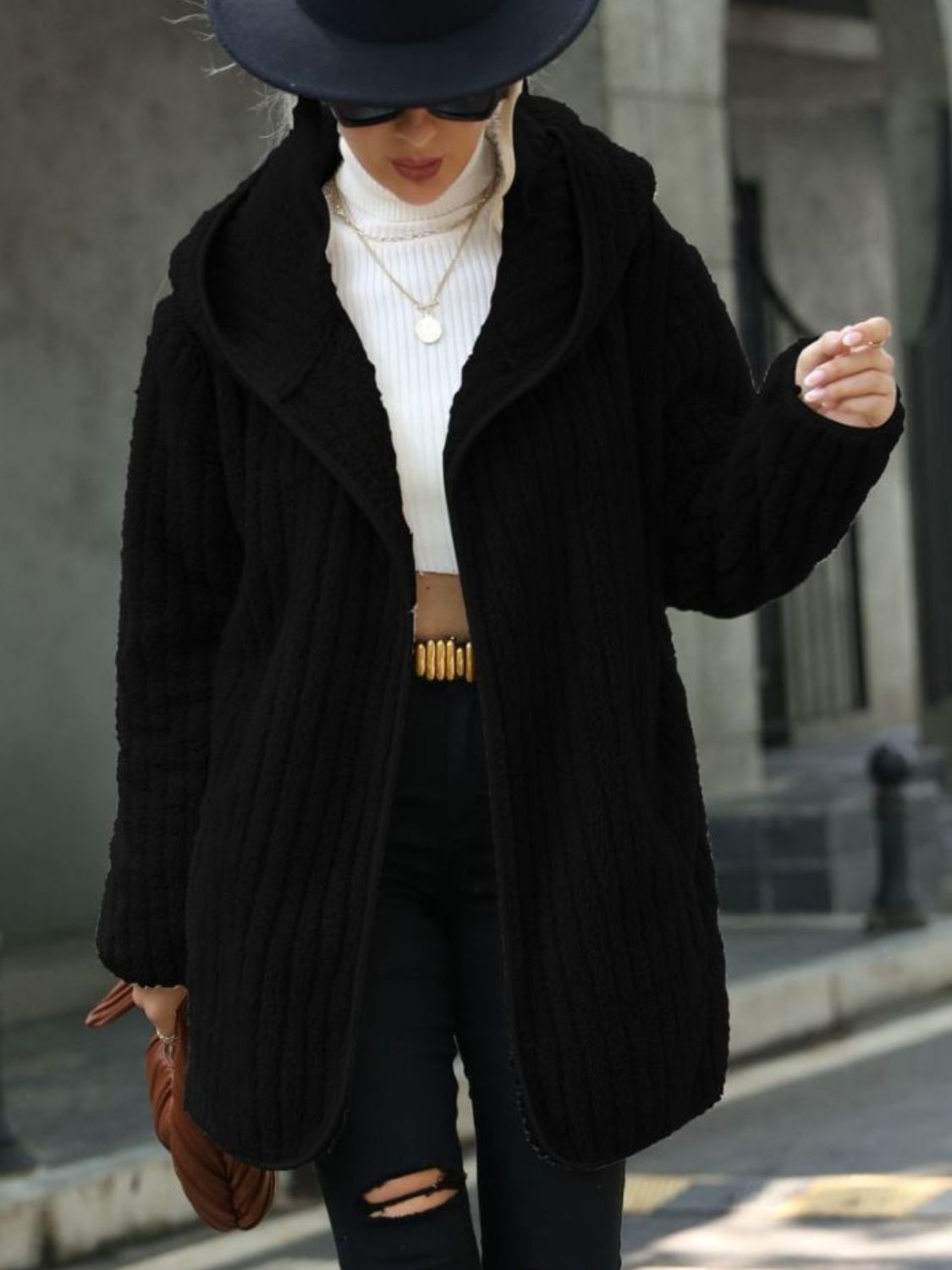 Open Front Ribbed Hooded Coat Black - Fashorio