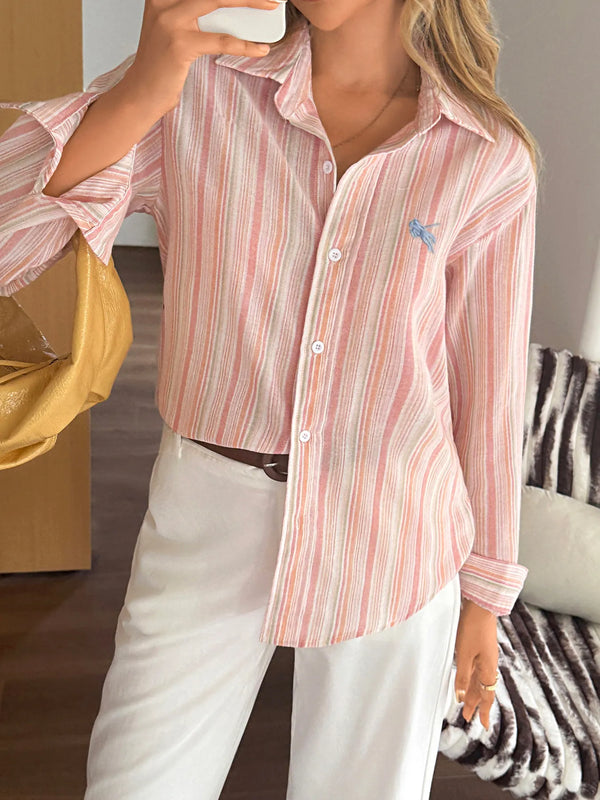 Striped Button Up Long Sleeve Shirt Pink - Fashorio