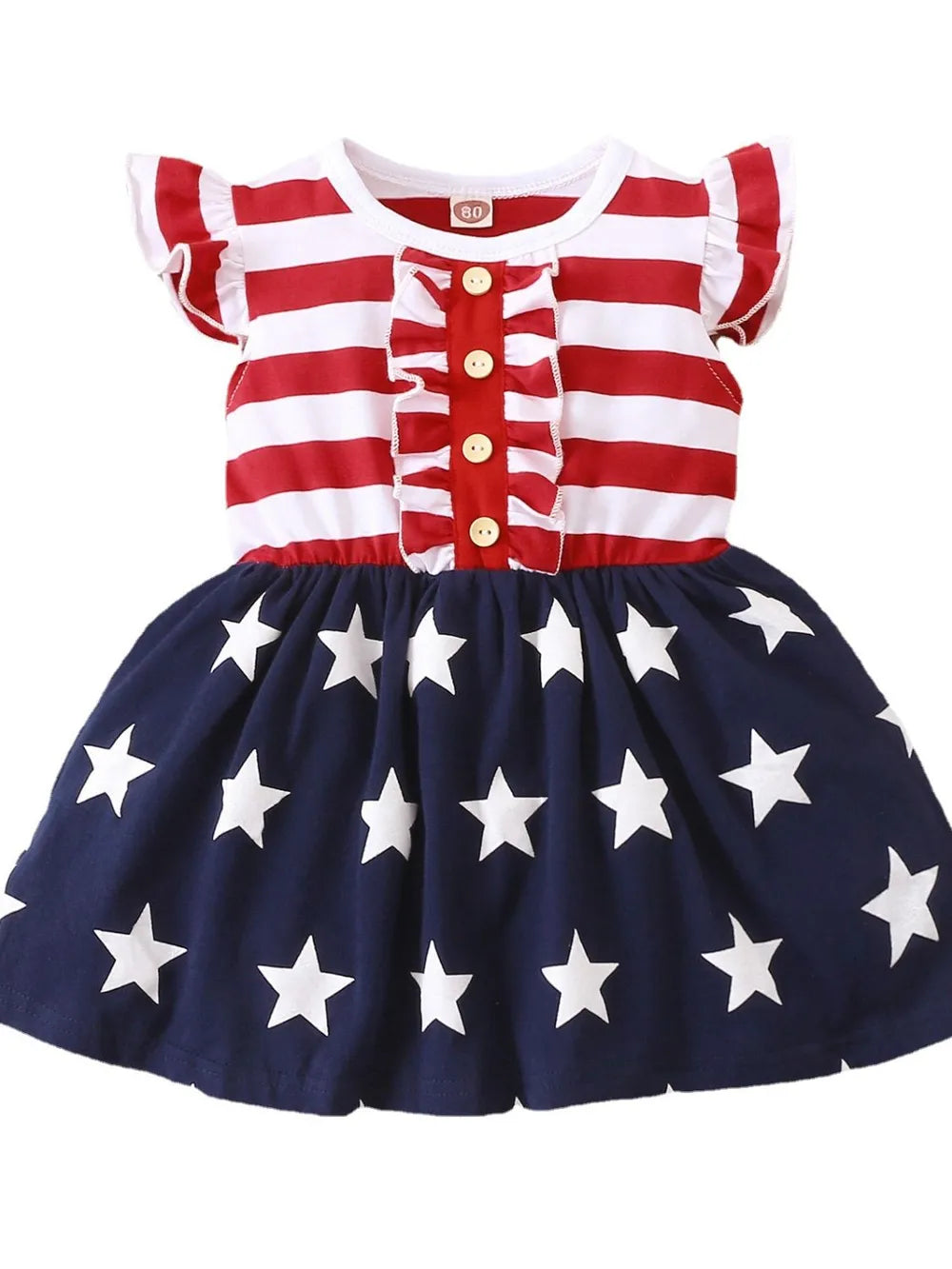Striped & Stars Ruffled Round Neck Cap Sleeve Dress - Fashorio