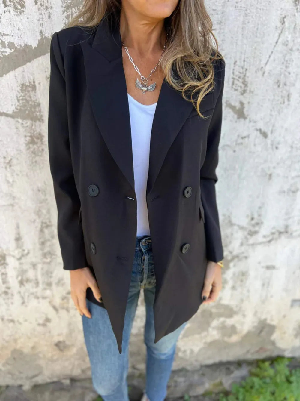 Full Size Collared Neck Long Sleeve Blazer Black - Fashorio