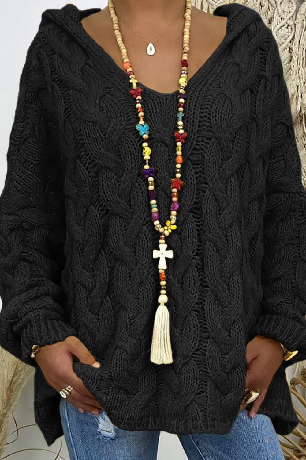 Cable-Knit Hooded Sweater - Fashorio