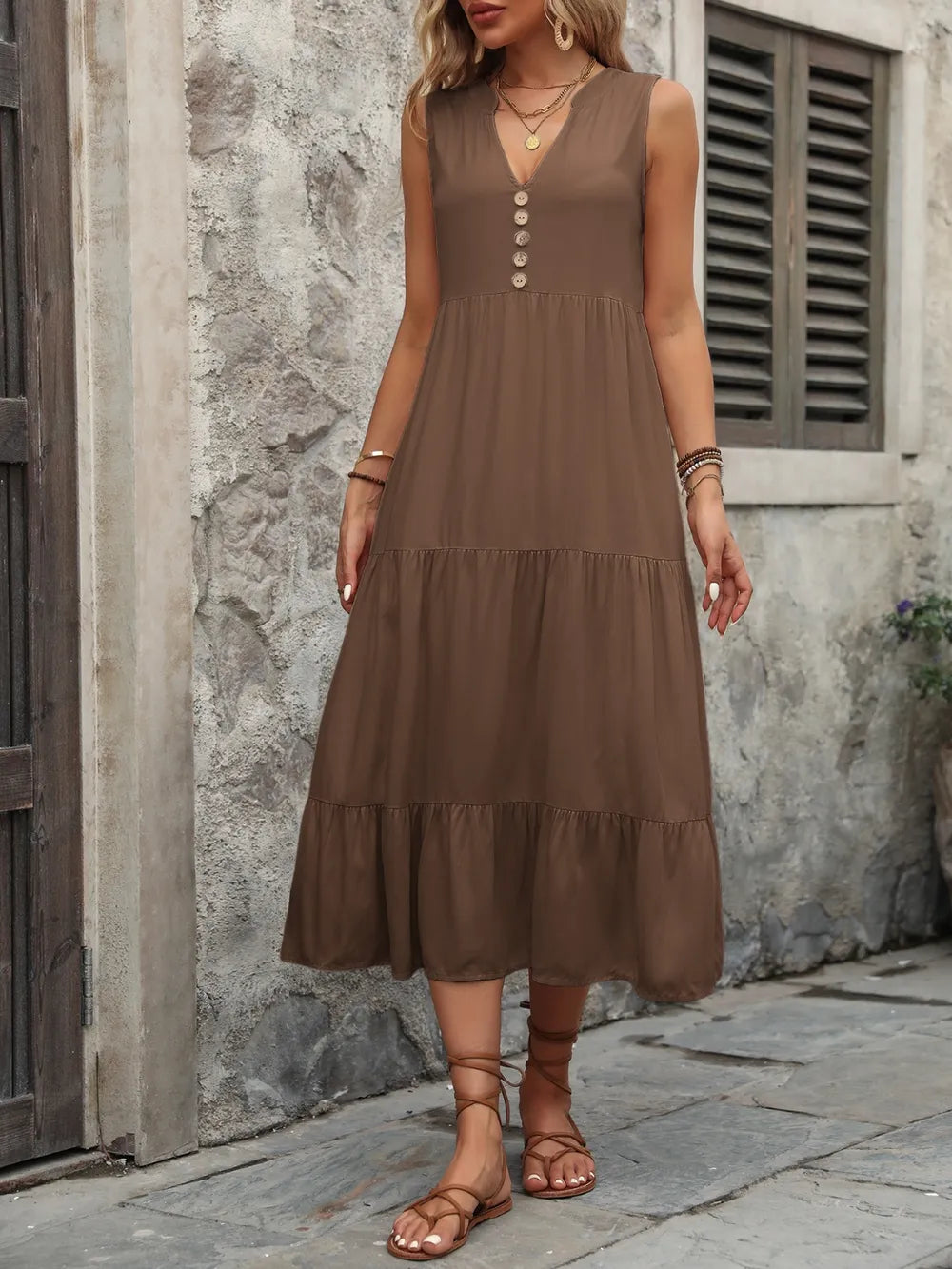 Ivy Lane Decorative Button Notched Sleeveless Dress - Fashorio
