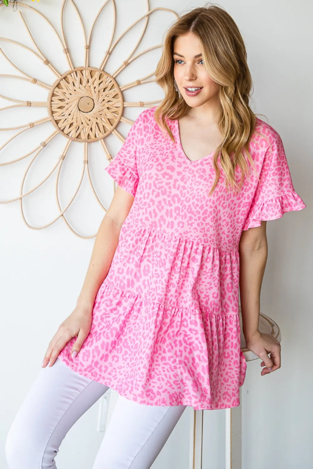 Heimish Full Size Leopard Ruffle Trim Short Sleeve Top - Fashorio