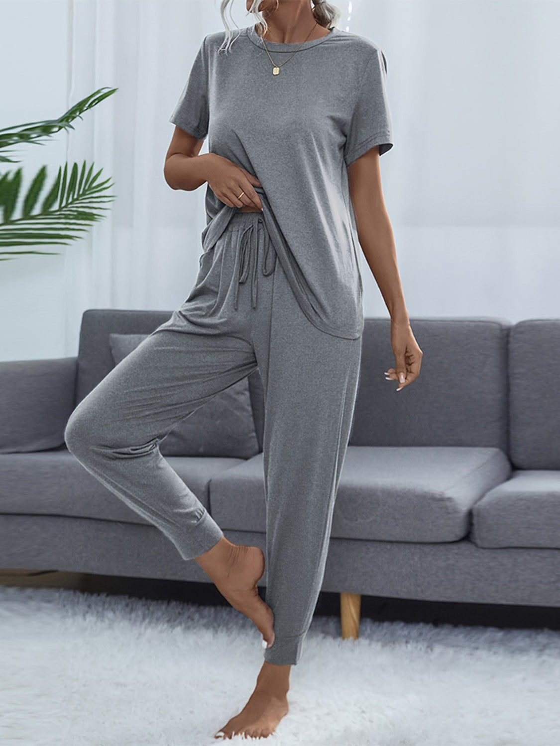 Shiny Round Neck Short Sleeve Top and Pants Set Cloudy Blue - Fashorio