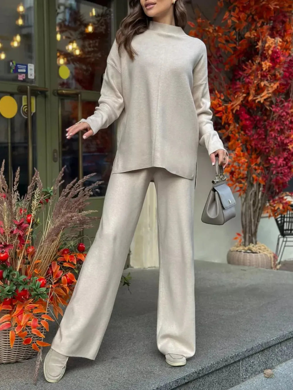 Slit Mock Neck Top and Pants Sweater Set - Fashorio