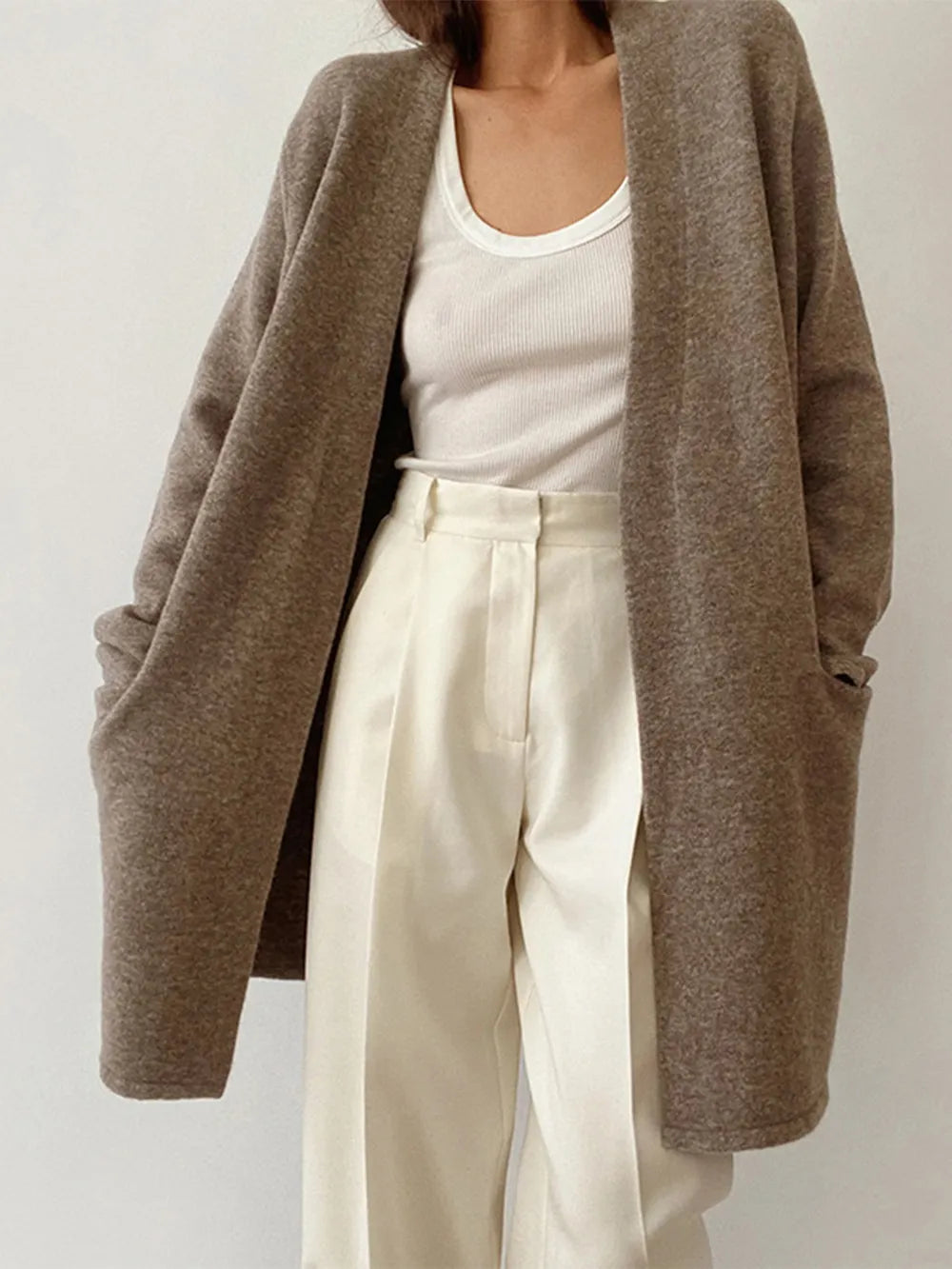 Open Front Long Sleeve Cardigan with Pockets Taupe - Fashorio