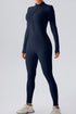 Half Zip Mock Neck Active Jumpsuit Dark Blue - Fashorio