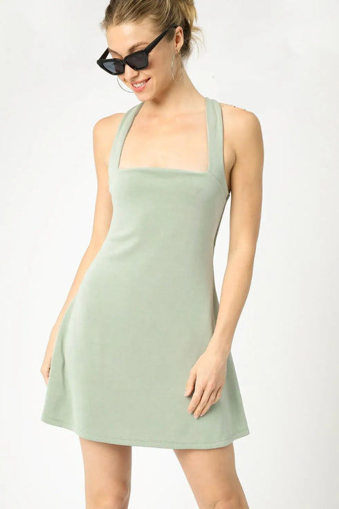 Umgee Crisscross Square Neck Active Dress Sage - Fashorio