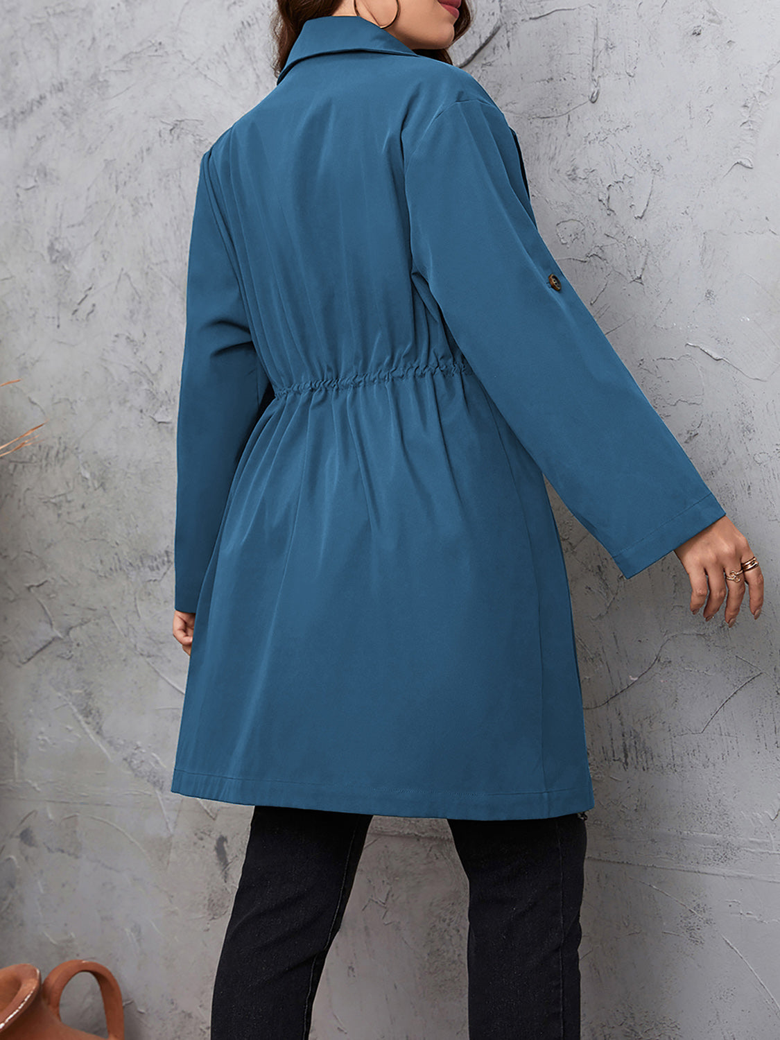 Honey Plus Size Lapel Collar Drawstring Roll-Tab Sleeve Trench Coat - Fashorio