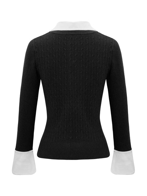 Collared Neck Cable Knit Sweater with Layering Style - Fashorio