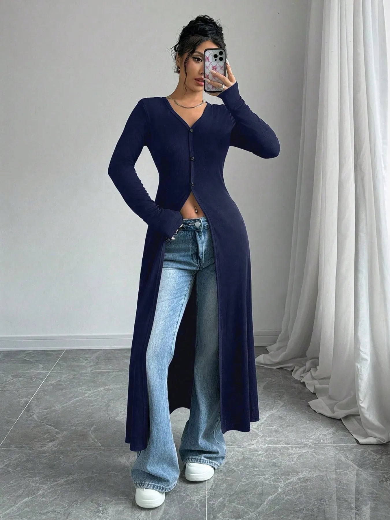 V-Neck Button-Front Longline Cardigan - Fashorio