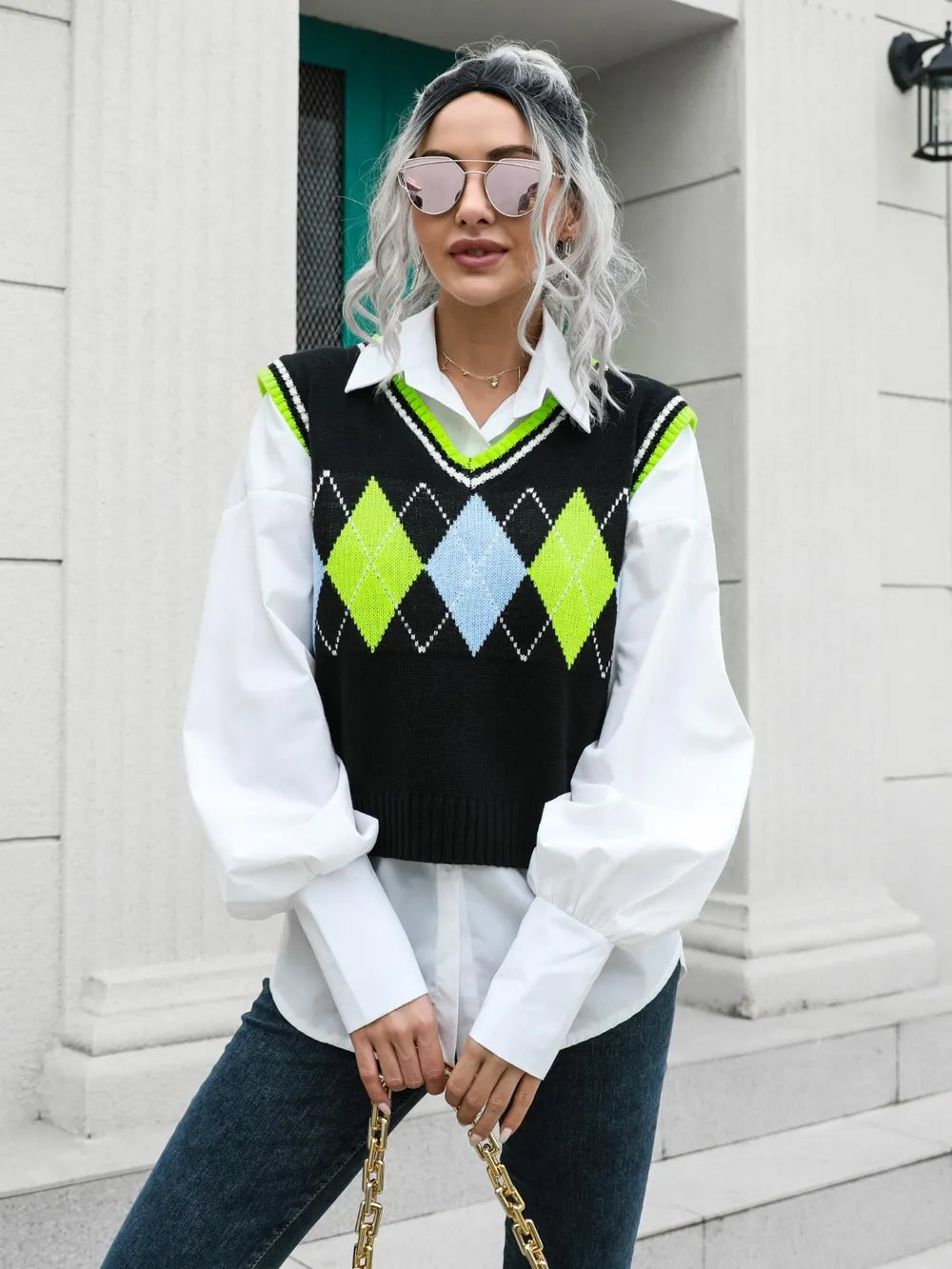 Geometric V-Neck Sweater Vest Yellow-Green - Fashorio