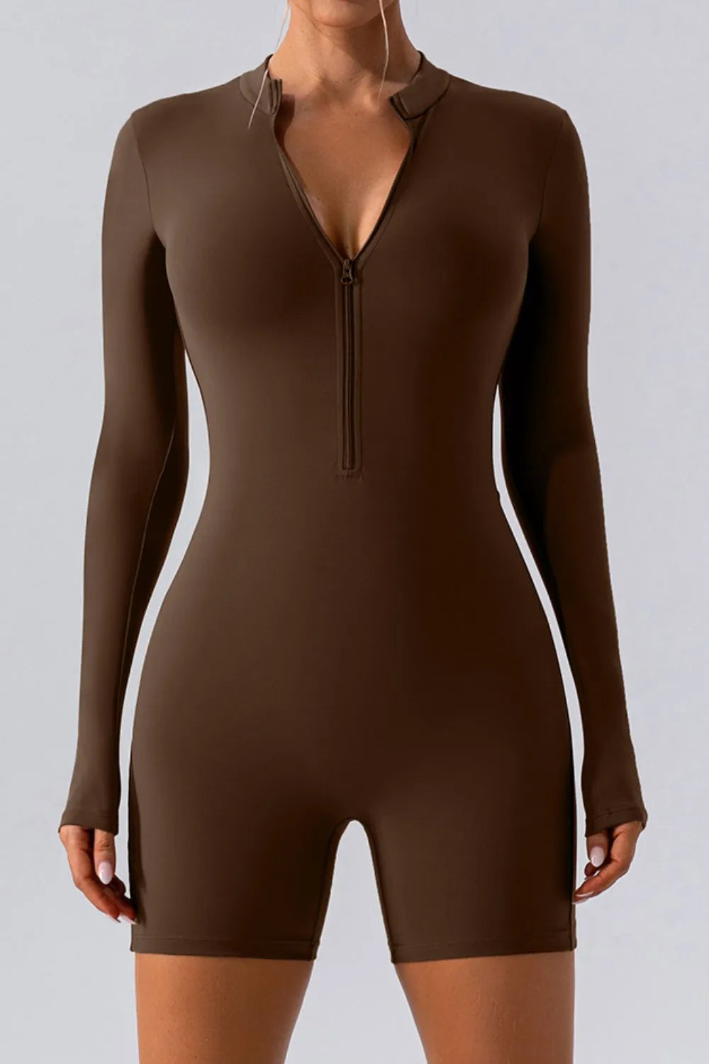 Half Zip Long Sleeve Active Romper Chocolate - Fashorio