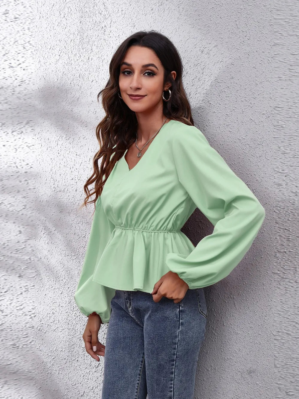 V-Neck Balloon Sleeve Peplum Blouse - Fashorio