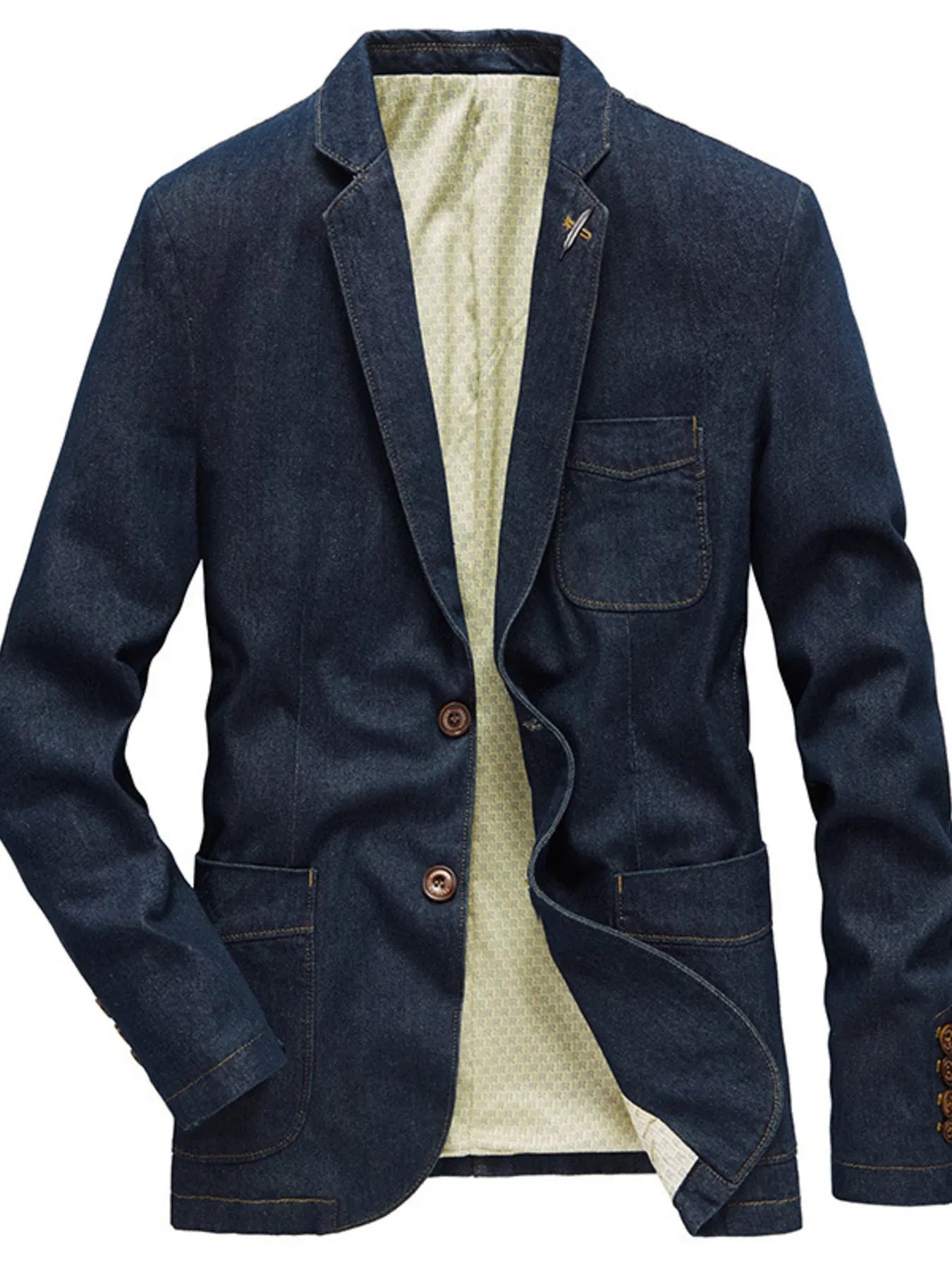 Men's Plus Size Lapel Collar Long Sleeve Denim Blazer Vintage Blue - Fashorio