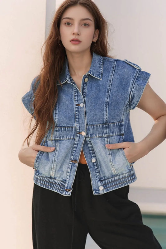 Button Up Cap Sleeve Denim Jacket Medium - Fashorio