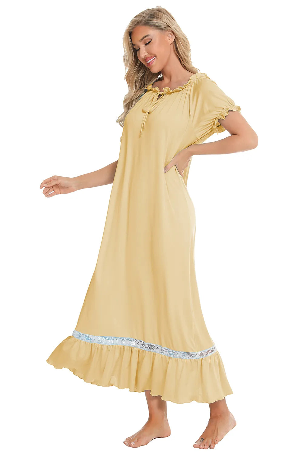 Lace Detail Short Sleeve Lounge Dress - Fashorio