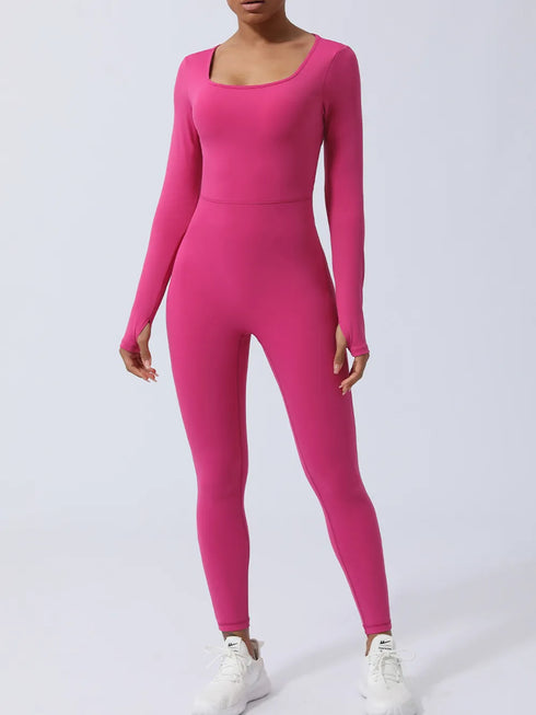 Twisted Backless Long Sleeve Jumpsuit Hot Pink - Fashorio