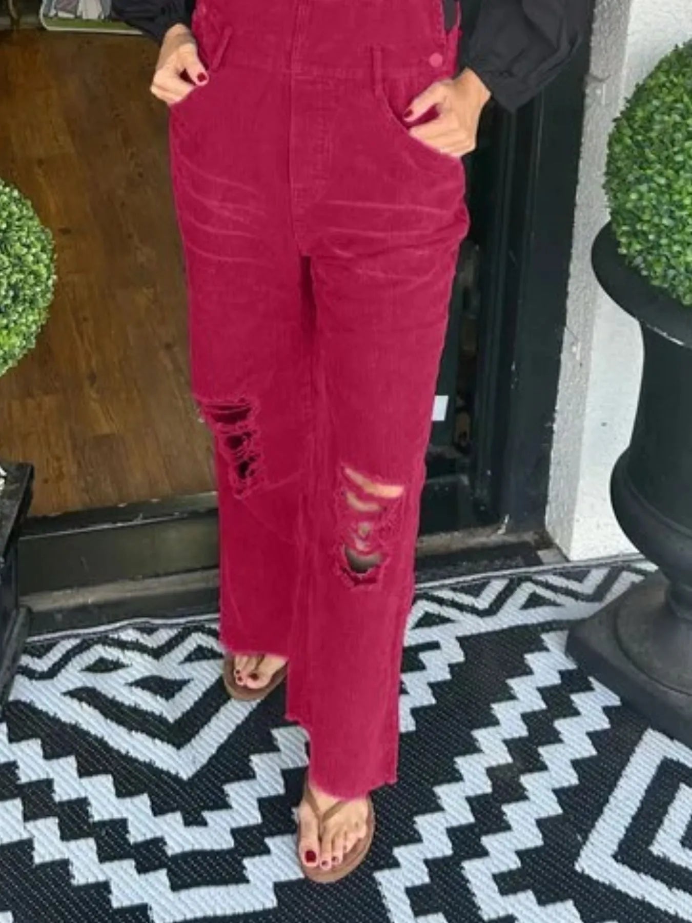 Distressed Wide Leg Corduroy Overalls - Fashorio