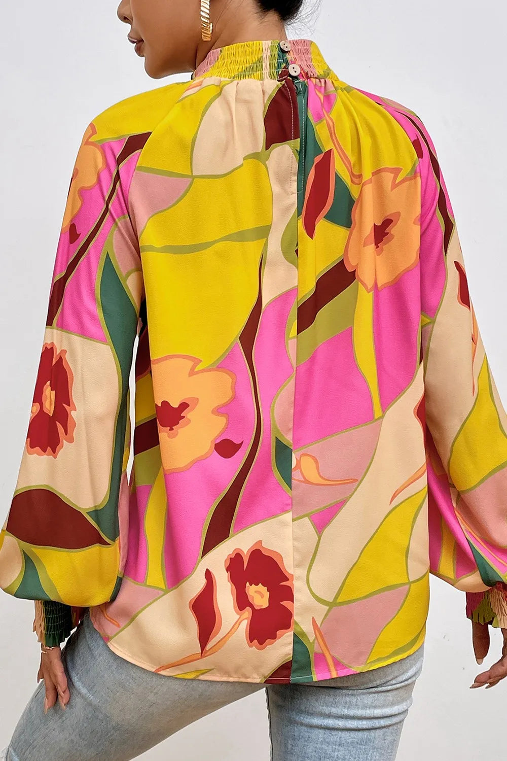 Floral Smocked Lantern Sleeve Mock Neck Blouse - Fashorio