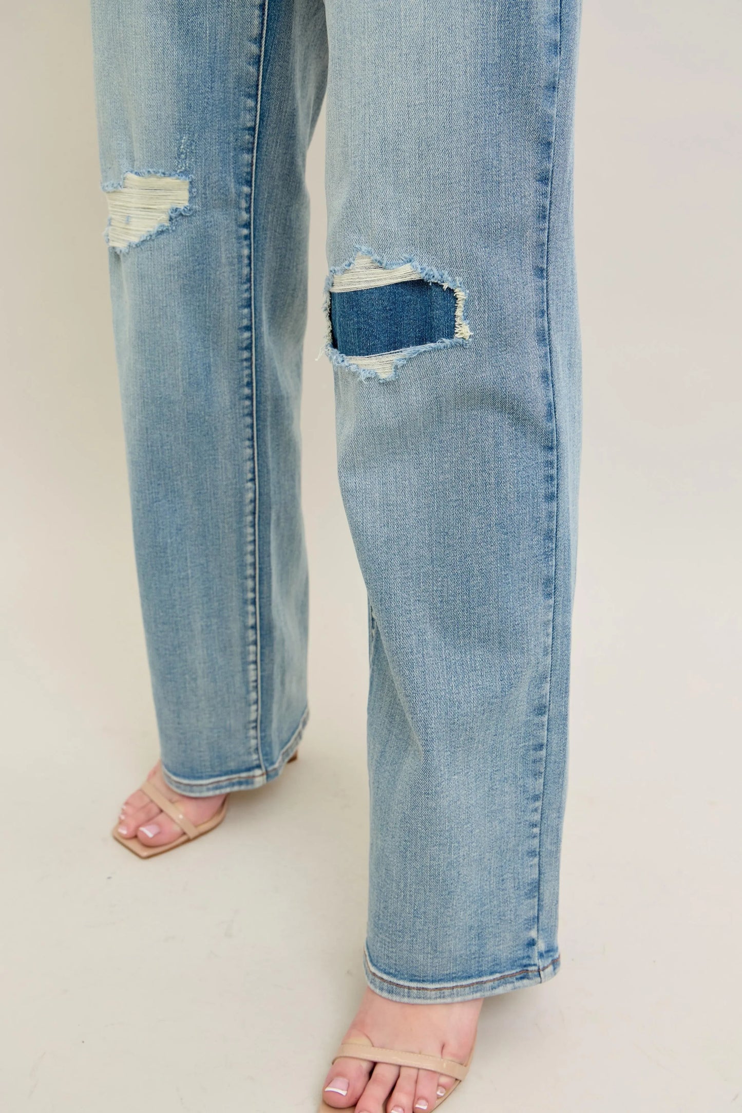 Judy Blue Full Size Hw Destroy & Knee Patch Straight Jeans Plus Size - Fashorio